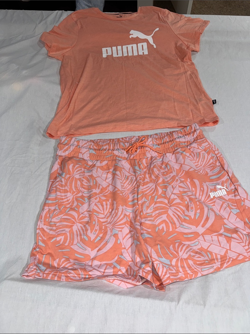 Puma Coral and Light Pink Logo Tee with Tropical Shorts